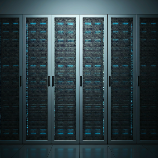 A modern, sleek IT server rack room merged with a high-tech software development workspace. The scene uses a bright corporate color palette with clean whites, slate greys, and vibrant corporate blue LED accents. The composition is highly structured, emphasizing stability, security, and cutting-edge technology in a B2B context.