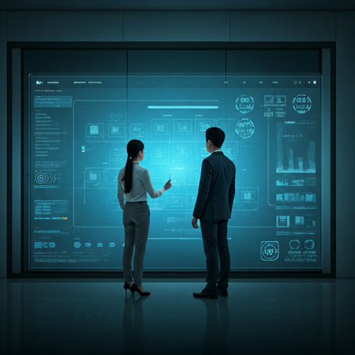 A high-end corporate IT planning meeting scenario. Professionals in business casual attire analyzing network architecture schematics on a large digital display. The environment is a well-lit, modern glass-walled conference room. The color palette emphasizes clean whites, slate greys, and strategic highlights of corporate blue to denote trust and technological expertise.